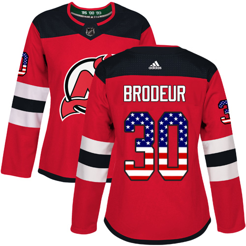 Adidas Devils #30 Martin Brodeur Red Home Authentic USA Flag Women's Stitched NHL Jersey - Click Image to Close